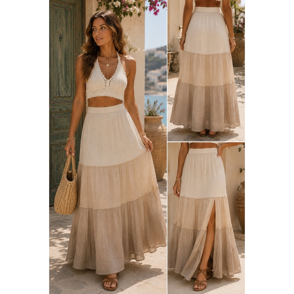 Ombre Coastal Cowgirl Maxi Skirt Neutral Prairie Boho Festival Large NWT